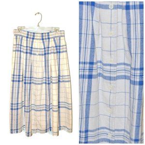 Vintage White Blue Plaid Midi Skirt Button Front